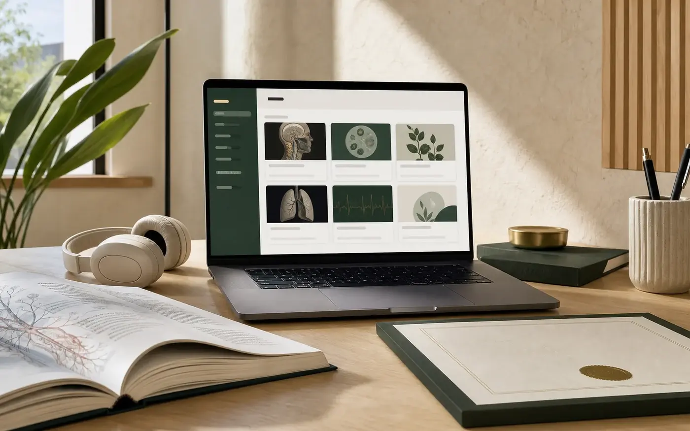 A focused digital medical learning workspace with literature, audio, and certificates