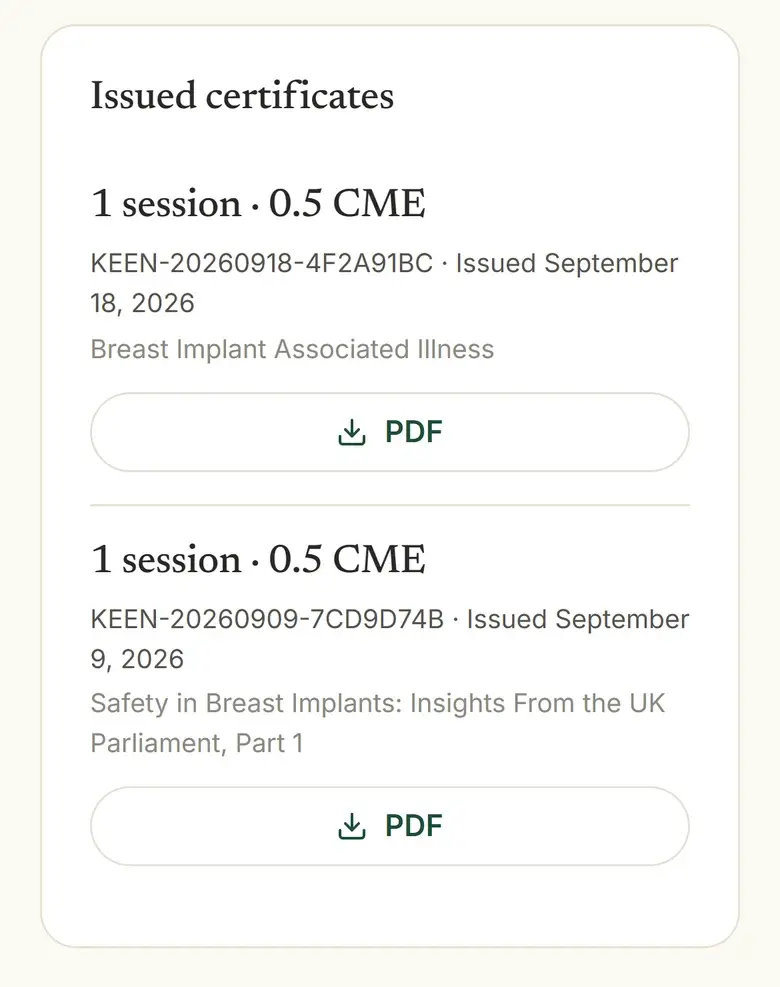 The Keendoc certificates page with sessions ready to certify and issued certificates to download as PDF