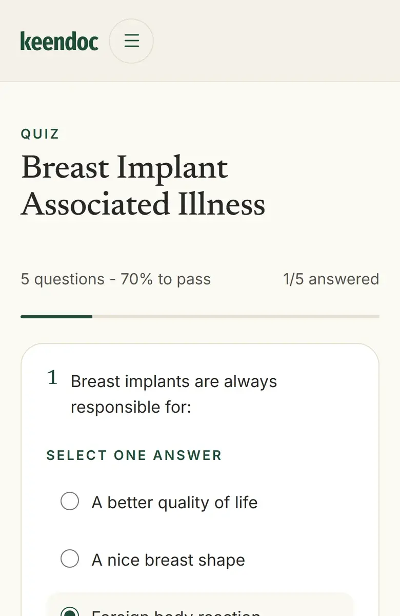 A Keendoc quiz question with multiple-choice answers and a progress bar