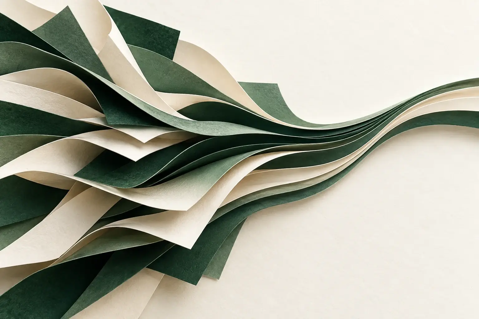 Forest-green and cream paper layers converging into a flowing ribbon