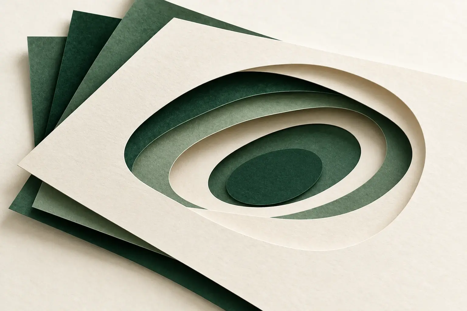 Stacked green and cream paper sheets with aligned oval openings revealing a central green form